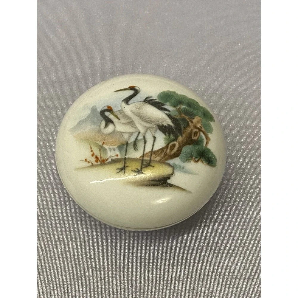 VNTG Asian Porcelain Lidded Trinket / Jewelry Box 2 Cranes Symbol Of Longevity +